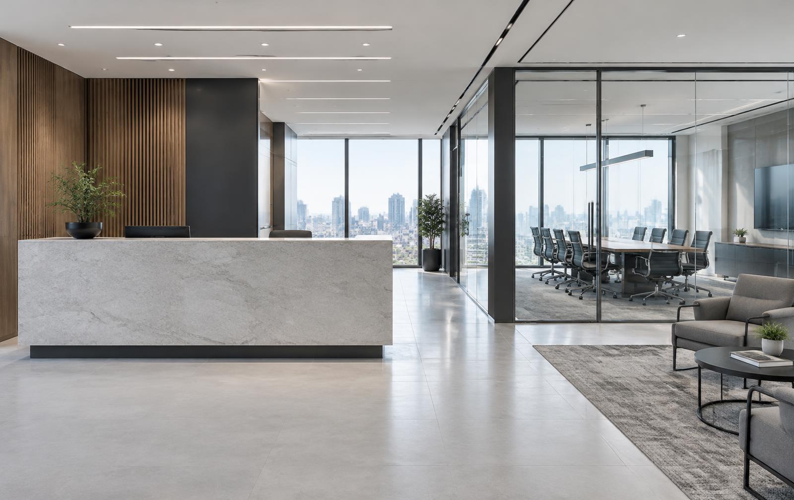 Illustrative contemporary office reception and glass-walled conference room